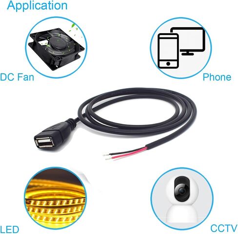 5PCS USB Female Pigtail 2 Wire,22AWG 1M/3.3FT USB 2.0 Female Plug 2Pin Bare Wire 5V 3A 2 Core Bare Wire Open End Extension Cable with 2-Position Spring Wire Connector (USB Female) in Saudi Arabia