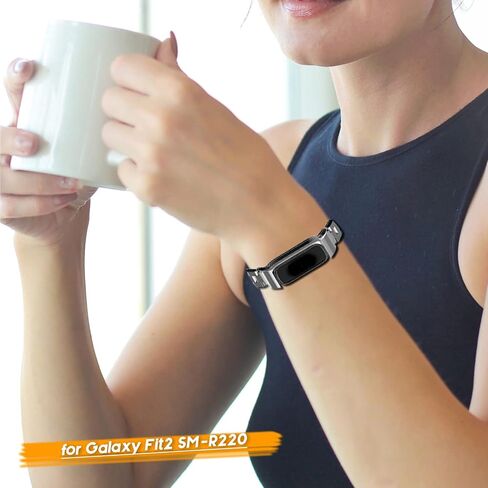 Metal Watchband Compatible with Samsung Galaxy Fit2 SM-R220 Stainless Steel Protective Frame Case Design Wrist Strap Bracelet Replacement for Fit 2 SM-R220 Smartwatch Accessory in Saudi Arabia