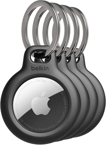 حامل آمن من Belkin Apple AirTag مع حلقة مفاتيح + حزام - جراب مقاوم للخدش مع وجه مفتوح وحواف مرتفعة - ملحق سلسلة مفاتيح AirTag الواقية للمفاتيح والحيوانات الأليفة والأمتعة والمزيد - أسود (4 عبوات) in Kuwait