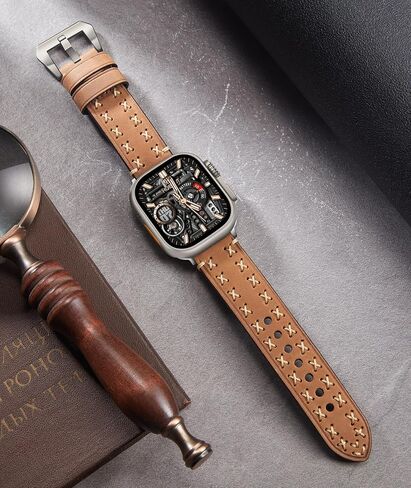 حزام ساعة من الجلد الطبيعي من BINLUN متوافق مع ساعة Apple Watch Ultra 49 ملم من جلد Crazy-Horse وأشرطة ساعة من الجلد الخام والحبوب العلوية مصنوعة يدويًا للرجال متوافقة مع iWatch Ultra/Ultra 2 in Saudi Arabia
