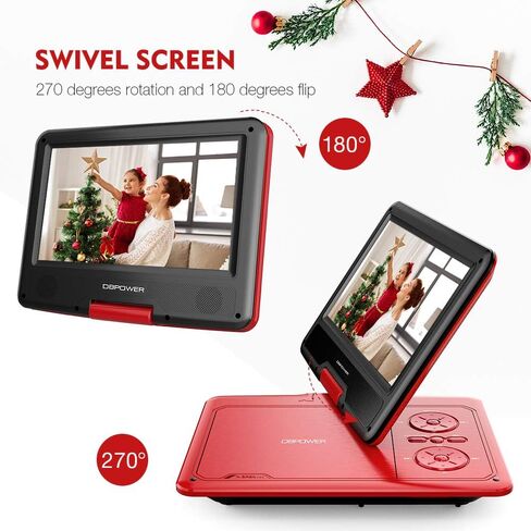 DBPOWER 11.5" Portable DVD Player, 5-Hour Built-in Rechargeable Battery, 9" Swivel Screen, Support CD/DVD/SD Card/USB, Remote Control, 1.8 Meter Car Charger, Power Adaptor and Car Headrest (Black) in Kuwait