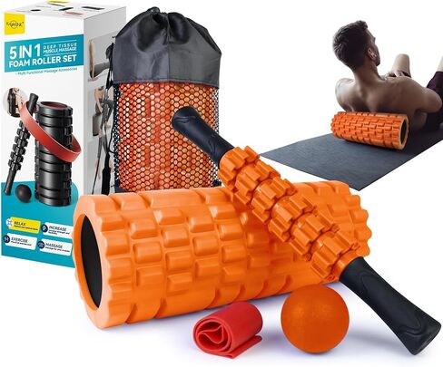 5 in1 Foam Roller Set for Deep Tissue Muscle Massage, High Density Fitness Exercise Foam Roller, Massage Roller, Massage Ball, Resistance Band, for Whole Body (Black) in Saudi Arabia