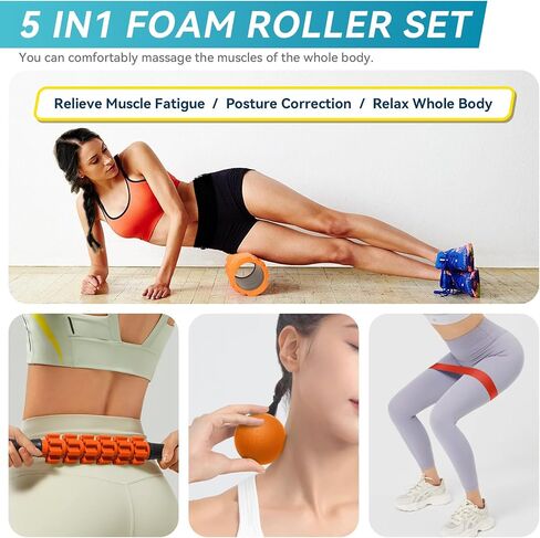 5 in1 Foam Roller Set for Deep Tissue Muscle Massage, High Density Fitness Exercise Foam Roller, Massage Roller, Massage Ball, Resistance Band, for Whole Body (Black) in Saudi Arabia