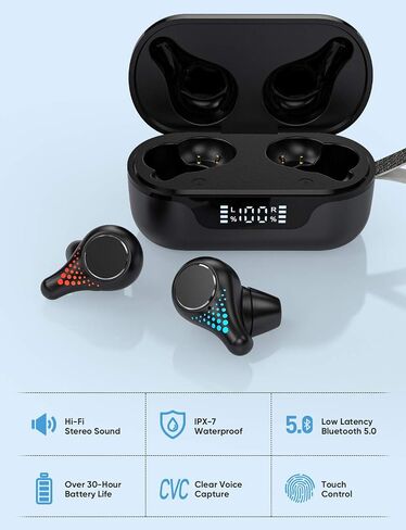 T8 True Wireless Earbuds, Bluetooth Earphones Touch Control, TWS Sport Headphones with Mic CVC 8.0 Noise Reduction, Stereo in-Ear Headset with Bass, 30H Playtime/USB-C/IPX7 Waterproof, Black in Saudi Arabia