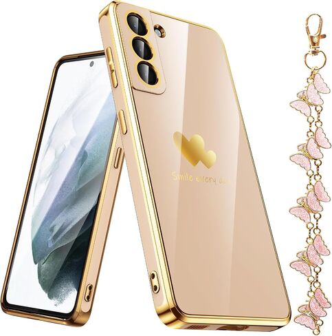 for Samsung Galaxy S21 5G Case with Phone Lanyard Wrist Strap [Butterfly Shape], Luxury Double Heart Pattern Plating Gold Edge Slim Soft Phone Cover Case for Galaxy S21 - Purple in Saudi Arabia
