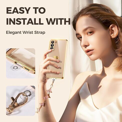 for Samsung Galaxy S21 5G Case with Phone Lanyard Wrist Strap [Butterfly Shape], Luxury Double Heart Pattern Plating Gold Edge Slim Soft Phone Cover Case for Galaxy S21 - Purple in Saudi Arabia