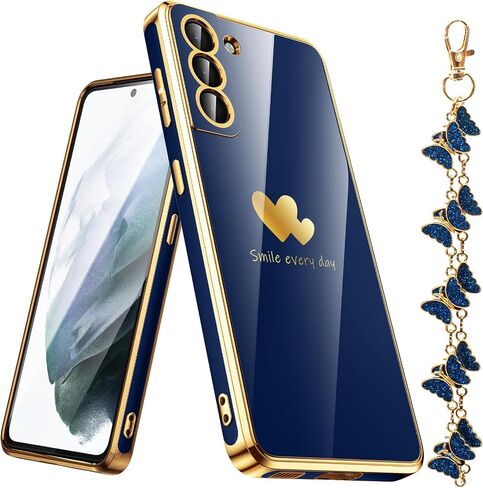 for Samsung Galaxy S21 5G Case with Phone Lanyard Wrist Strap [Butterfly Shape], Luxury Double Heart Pattern Plating Gold Edge Slim Soft Phone Cover Case for Galaxy S21 - Purple in Saudi Arabia