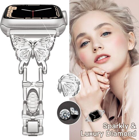 Compatible with Apple Watch Band 38mm 40mm 41mm 42mm 44mm 45mm, Artistic Slim Butterfly Band for Women, Glitter Cute Metal Bracelet, Luxury Bling Diamond Band for iWatch Series 7 6 SE 5 4 3 2 1 in Saudi Arabia
