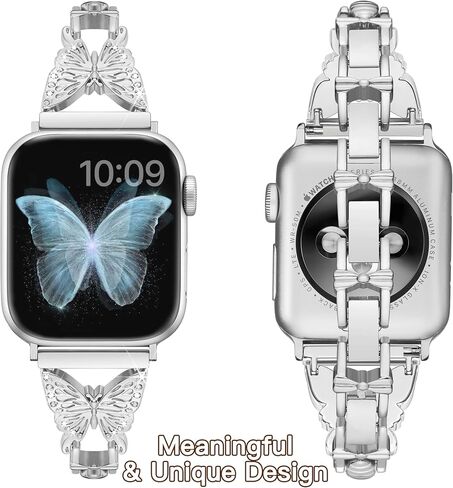 Compatible with Apple Watch Band 38mm 40mm 41mm 42mm 44mm 45mm, Artistic Slim Butterfly Band for Women, Glitter Cute Metal Bracelet, Luxury Bling Diamond Band for iWatch Series 7 6 SE 5 4 3 2 1 in Saudi Arabia