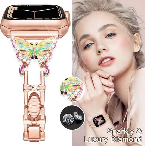 Compatible with Apple Watch Band 38mm 40mm 41mm 42mm 44mm 45mm, Artistic Slim Butterfly Band for Women, Glitter Cute Metal Bracelet, Luxury Bling Diamond Band for iWatch Series 7 6 SE 5 4 3 2 1 in Saudi Arabia