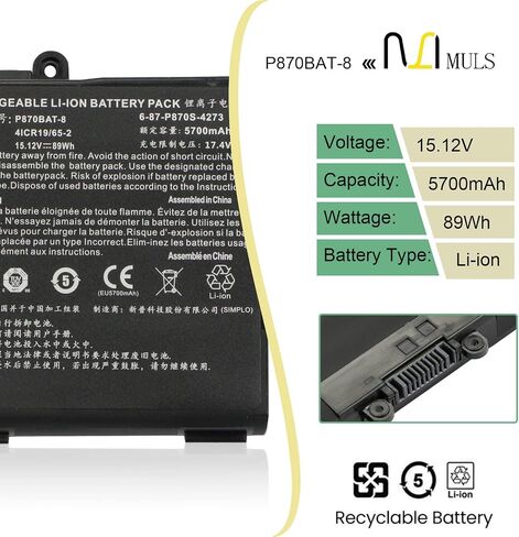 بطارية كمبيوتر محمول MULS 89Wh P870BAT-8 لـ Clevo P870TM-G P870DM3-G P775DM3 Schenker Technologies XMG U727 U726 Sager NP9870-S NP9870 Hasee GX9-SP7S1 GX9 Plus Eurocom XMG U727 Sky X9E3 Sky X7E2 15.12V in Saudi Arabia