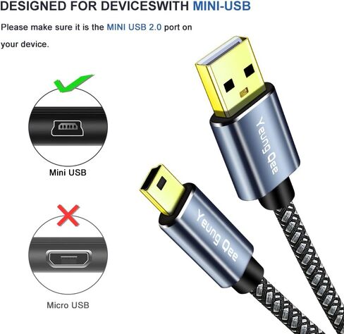 كابل USB صغير مضفر USB 2.0 من النوع A إلى Mini B سلك شحن مضفر متوافق مع وحدة تحكم PS3 ومشغل MP3/4 والمساعد الشخصي الرقمي والكاميرا والماسح الضوئي والمزيد من أجهزة USB الصغيرة (15FT/5M) in Kuwait
