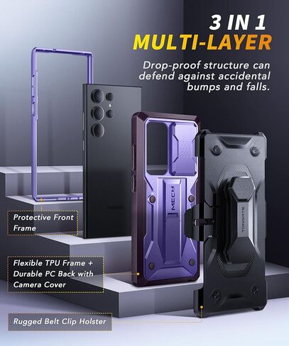 جراب TONGATE متوافق مع هاتف Samsung Galaxy S23 Ultra مع غطاء كاميرا منزلق، [مع إطار أمامي] طبقة مزدوجة للحماية العسكرية ومشبك حزام وحافظة هاتف بمسند لهاتف Galaxy S23 Ultra، أزرق in Kuwait