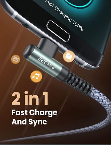 AINOPE [عبوتان] كابل USB صغير، كابل شحن USB صغير بزاوية قائمة 3.3 قدم، كابل شاحن Android متين من النايلون المتين المتين متوافق مع أجهزة Fire Tablet وKindle وSamsung Galaxy S7 S6 PS4 in Kuwait
