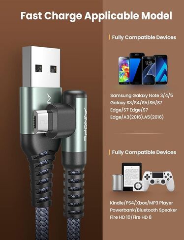 AINOPE [عبوتان] كابل USB صغير، كابل شحن USB صغير بزاوية قائمة 3.3 قدم، كابل شاحن Android متين من النايلون المتين المتين متوافق مع أجهزة Fire Tablet وKindle وSamsung Galaxy S7 S6 PS4 in Kuwait