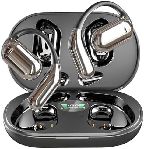 Open-Ear Wireless Headphones Bluetooth Earbuds LED Power Display Charging Case Ear Buds Earhook Over-Ear Earphones for Workout Sports TV Phone Laptop (Black) in Saudi Arabia