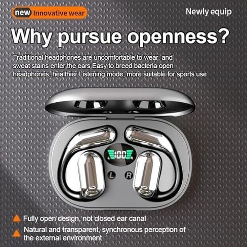 Open-Ear Wireless Headphones Bluetooth Earbuds LED Power Display Charging Case Ear Buds Earhook Over-Ear Earphones for Workout Sports TV Phone Laptop (Black) in Saudi Arabia