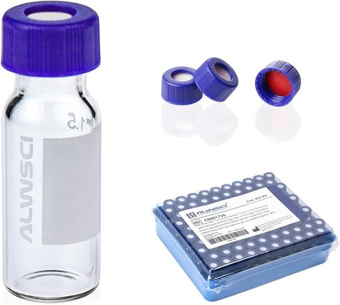 قوارير فائقة التنظيف لمجموعة اللوني، قارورة HPLC 2 مل 9 مم، قارورة كهرمانية لأخذ العينات التلقائية مع التخرج، غطاء لولبي أزرق 9-425 مع فتحة، PTFE أحمر وحاجز سيليكون أبيض، 100 عبوة in Kuwait