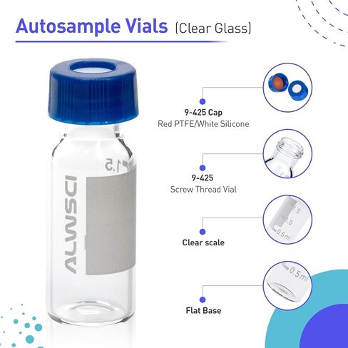 قوارير فائقة التنظيف لمجموعة اللوني، قارورة HPLC 2 مل 9 مم، قارورة كهرمانية لأخذ العينات التلقائية مع التخرج، غطاء لولبي أزرق 9-425 مع فتحة، PTFE أحمر وحاجز سيليكون أبيض، 100 عبوة in Kuwait