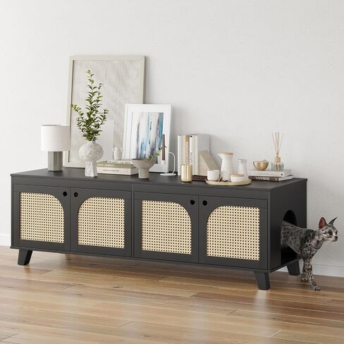 Double Hidden Cat Litter Box Enclosure Furniture Cabinet with Rattan Decorated Doors for Two Cats，Two Entrances in Saudi Arabia