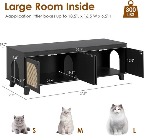 Double Hidden Cat Litter Box Enclosure Furniture Cabinet with Rattan Decorated Doors for Two Cats，Two Entrances in Saudi Arabia