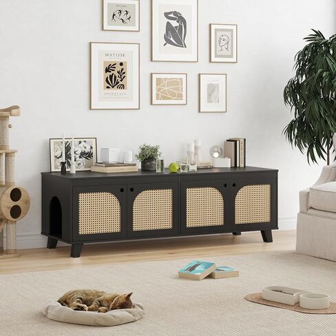 Double Hidden Cat Litter Box Enclosure Furniture Cabinet with Rattan Decorated Doors for Two Cats，Two Entrances in Saudi Arabia