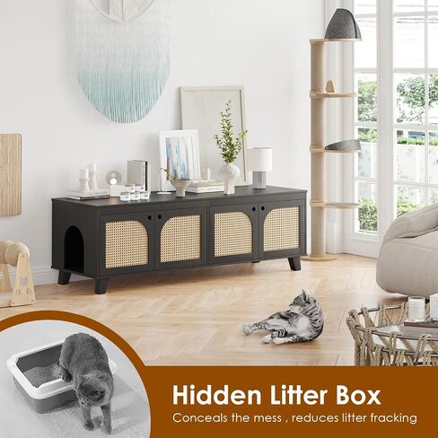 Double Hidden Cat Litter Box Enclosure Furniture Cabinet with Rattan Decorated Doors for Two Cats，Two Entrances in Saudi Arabia