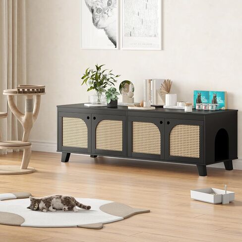 Double Hidden Cat Litter Box Enclosure Furniture Cabinet with Rattan Decorated Doors for Two Cats，Two Entrances in Saudi Arabia