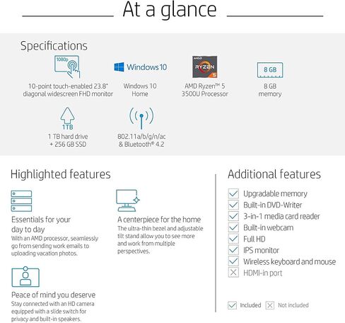 HP 24-Inch All-in-One Touchscreen Computer, AMD Ryzen 5 3500U Processor, 8 GB RAM, 1 TB Hard Drive, 256 GB SSD, Windows 10 Home (24-F1060, White) in Saudi Arabia