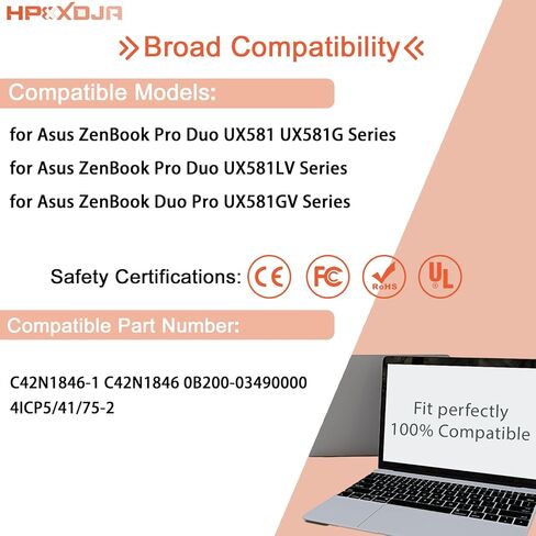 بطارية كمبيوتر محمول C42N1846 متوافقة مع سلسلة ASUS ZenBook Pro Duo UX581 UX581G UX581GV UX581LV C42N1846-1 UX581GV- H2001T UX581GV- H2002T UX581GV- XB74T UX581LV-H2002R in Kuwait
