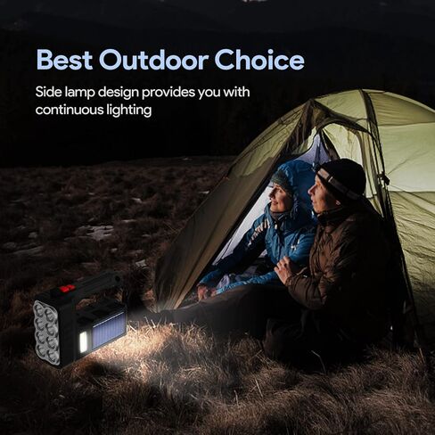 مصباح يدوي محمول يعمل بالطاقة الشمسية مع 8 مصابيح LED، 3 أوضاع للمصابيح الكاشفة القابلة لإعادة الشحن، كشاف عالي اللومن للاستخدام في الهواء الطلق والطوارئ (أسود) in Kuwait