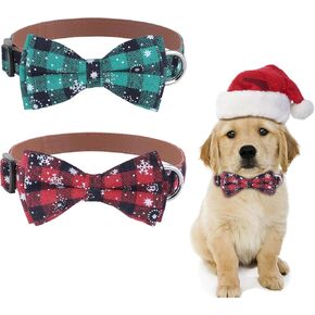 Christmas Dog Collar with Bow tie Collar, Natural Pure Cotton Material, Soft, Comfortable and Adjustable, for Dogs Small Medium Large Christmas