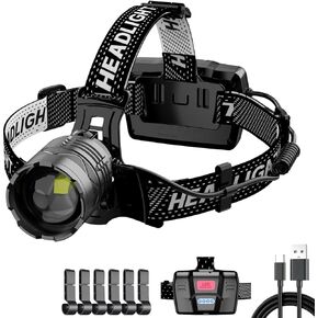 100000 Lumen LED Headlamp, Rechargeable Head Torch, 7 Modes Super Bright Head lights, 90° Adjustable Night Buddy Head Lamp for Running, Camping, Hunting, Fishing, 50 Hours Battery life, Red Blue Light