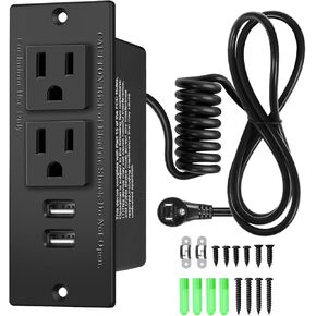 Recessed Furniture Power Strip with USB-C, USB-A, and Dual AC Outlets - 6.9FT Power Cord with Spring Cable, Mounting Clips & Screws Included, UL Listed for Safe & Tidy Drawer Installation