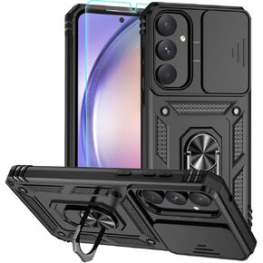 for Samsung Galaxy A35 5G Case, Soft Silicone Rubber Bumper Hard Plastic Phone Case with [Sliding Camera Lens Cover] [360° Rotatable Kickstand Ring] [HD Screen Protector] for Galaxy A35 5G Blue