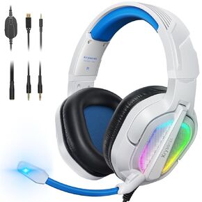 Krysenix PG2 Gaming Headset for PS4/PS5/PC/Xbox One, Noise Canceling Headset with AI Stereo Microphone Sound, Ergonomic Design Computer Headset with 3.5mm Jack & RGB Light White/Blue
