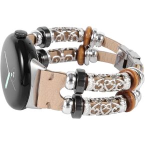 Compatible with Google Pixel Watch 3 41 mm/Pixel Watch 2/1 Band, Slim Handmade Leather Bracelets Boho Bead Metal Jewelry Retro Strap Wristband Accessories for Women and Men