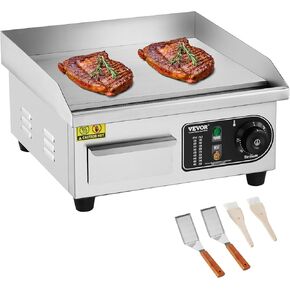 VEVOR Commercial Electric Griddle, 1700W Countertop Flat Top Grill, 122℉-572 ℉ Adjustable Temp, 17.72 x 11.81 x 0.39in Stainless Steel Griddle Grill with 2 Shovels and 2 Brushes for Home or Restaurant