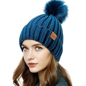 Womens Winter Beanie Hat Fleece Lined Warm Skull Cap with Faux Fur Pom Cuff Knitted Hat for Women