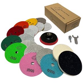 DIAPICK Tools Diamond Polishing Pads 4 Inch Wet Dry Set 9 Pieces for Concrete Marble Quartz Stone Countertop Granite Polishing and Sanding disc Include 5/8"-11thread Backer pad and Drill Adapter