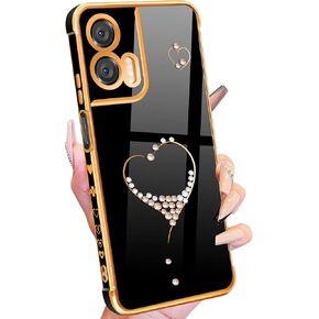 Petitian for Moto G Power 5G 2024 Case - Women Girls Bling Glitter Heart Design for Motorola for Moto G Power 5G 2024 Case, Cute Girly Sparkle Gold Plating Phone Cases Cover Funda Black
