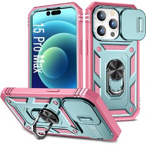 Case Compatible with iPhone 15 Pro Max, Shockproof Impact Resistant with Slide Lens Protective Cover Case for iPhone 15 Pro Max 6.7 inch (Pink Green)
