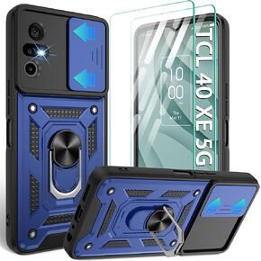 Compatible with TCL 40 XE 5G Phone Case,TCL 40 XE 5G Case Screen Protector[2 Pcs] with Slide Camera Cover, 360°Rotation Ring Kickstand [Military Grade] Case for TCL 40 XE,Blue