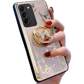 Galaxy A14 5G Kickstand Case, Cute Marble Conch Shell Floral Butterfly with Ring Stand Mirror Elegant Shockproof Protective Cover for Girls Women for Samsung A14 5G (Rose Gold)