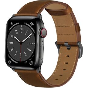 OUHENG Compatible with Apple Watch Band 49mm/46mm/45mm/44mm/42mm-Series 3 2 1, Genuine Leather Band Strap Compatible with Apple Watch Ultra 2/1 Series 10/9/8/7/6/5/4/3/2/1/SE, Vintage Black/Black