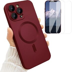 Magnetic Case for iPhone 12 Pro Max Phone Case for Women, [Compatible with MagSafe] Matte Soft Metallic Design with Lens Protectors and 2 Screen Protectors for iPhone 12 Pro Max 6.7"-Wine Red