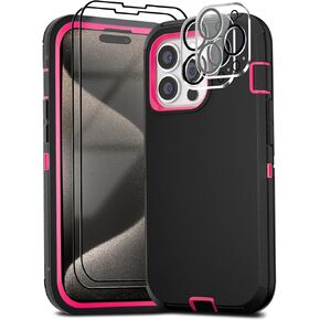 for iPhone 15 Pro Max Case 6.7" with 2 Screen Protector Tempered Glass & 2 Camera Lens Protector, Heavy Duty Full Protection Phone Case Military Grade Drop-Proof Cover(Black+Rose)