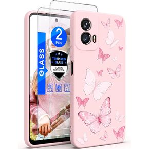 for Motorola Moto G Power 5G 2024 Case with 2X Tempered Glass Screen Protectors, Girls Women Florals Liquid Silicone Phone Case, Shockproof Anti-Scratch Soft Protection Case (Pink Butterfly)