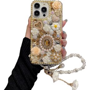 iFiLOVE for iPhone 16 Pro Max Bling Diamond Case with Flower Strap, 3D Luxury Sparkle Glitter Crystal Rhinestone Pearl Love Rose Wristband Bracelet Case Cover for Girls Women Kids (Pink)