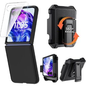 Caka for Motorola Razr Plus 2024 Case with Clip, Moto Razr Plus 2024 Case with Screen Protector [Not fit Razr 2024], Slim Thin Flip Phone Cover and Belt Hip Holster Combo Accessories - Black